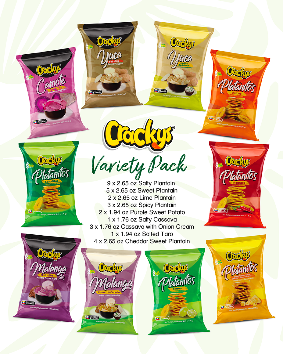 CRACKYS Variety Pack of 30 Assorted Chips Bags (2.65 oz) Plantain, Cassava, Taro, and Sweet Potato Chips